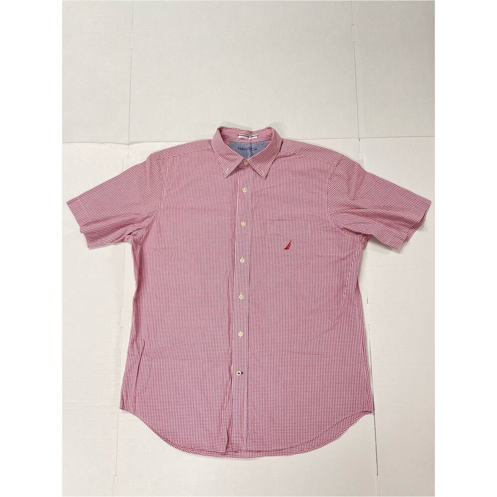 Nautica 100% Cotton Men's Large Button Down Shirt Short Sleeve Pocket Red Plaid